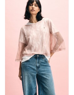 Top en dentelle à manches 3/4 transparentes Please