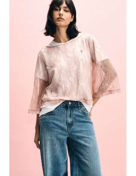 Top en dentelle à manches 3/4 transparentes Please