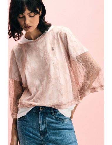 Top en dentelle à manches 3/4 transparentes Please