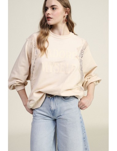 Sweat-shirt à col rond avec détails en dentelle et inscription sur le devant Dixie