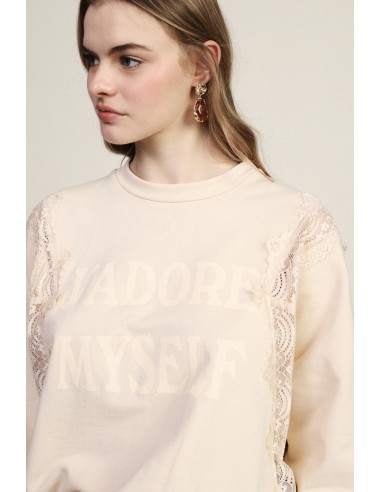 Sweat-shirt à col rond avec détails en dentelle et inscription sur le devant Dixie