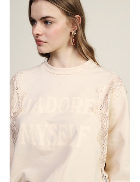 Sweater met ronde hals, kanten details en Dixie-opschrift aan de voorkant