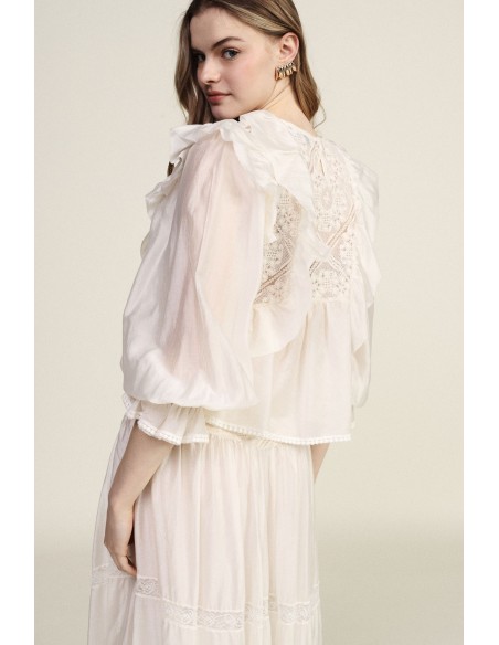 Dixie-blouse met ruches en transparante mouwen