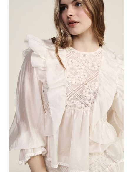 Blouse à volants et manches transparentes Dixie