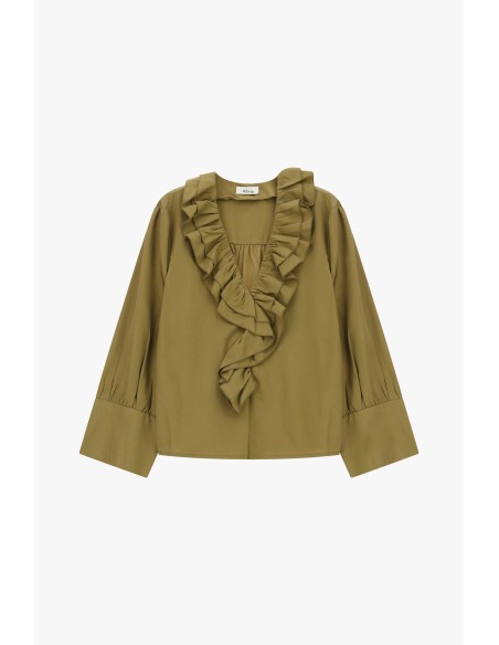 Dixie-blouse met ruches bij de hals en lange mouwen