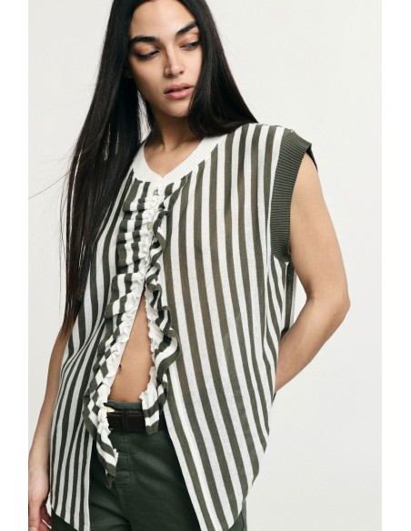 Top rayé sans manches avec volants centraux Please