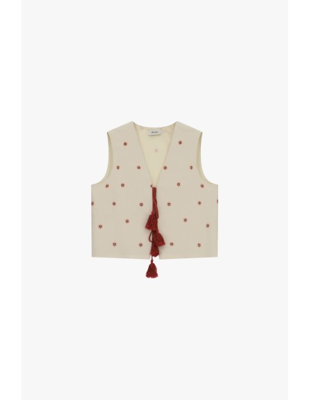 Gilet sans manches brodé avec pompons décoratifs Dixie