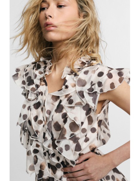 Robe courte à pois avec volants et boutons Please