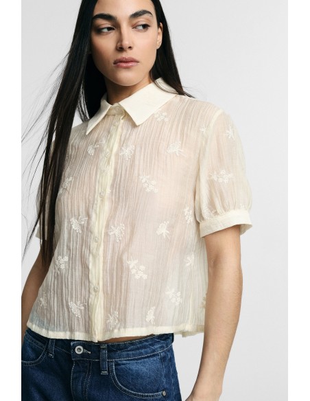 Cropped blouse met korte mouwen en bloemenborduursel Please