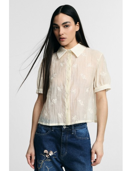 Cropped blouse met korte mouwen en bloemenborduursel Please