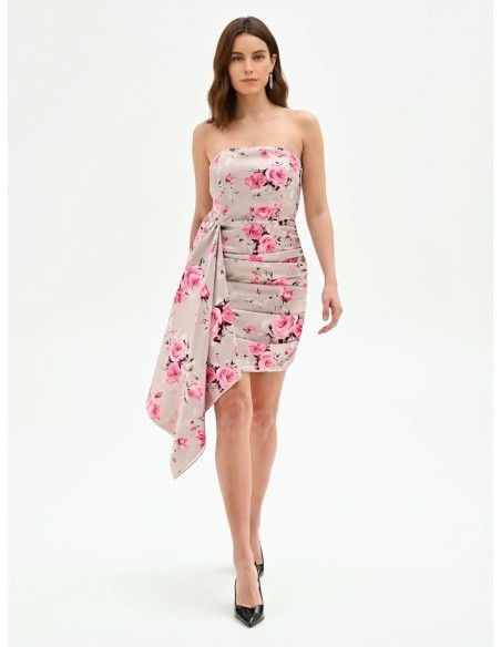 Korte strapless jurk met rozenmotief en maxi-volant van Rinascimento