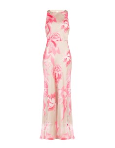 Lange soepel vallende satijnen jurk met bloemenprint en elastische taille van Rinascimento 2