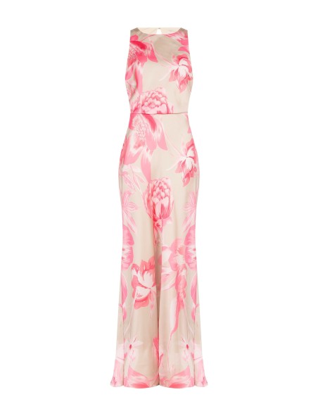 Robe longue en satin fleuri avec taille élastique Rinascimento