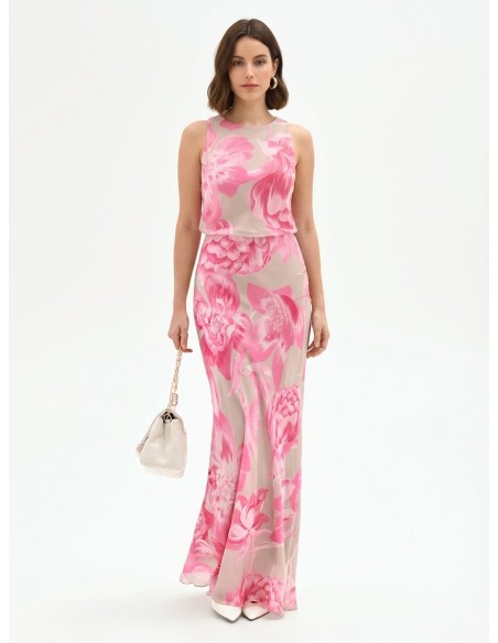 Robe longue en satin fleuri avec taille élastique Rinascimento
