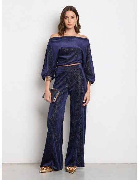 Pantalon palazzo en velours avec finition pailletée et fermeture éclair latérale Rinascimento