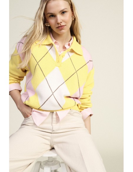 Pull à losanges avec col montant et boutons Dixie