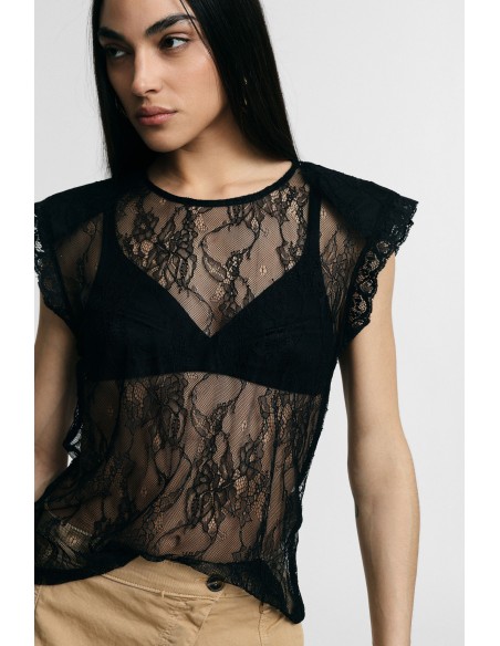 Top en dentelle transparente à manches courtes Please