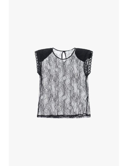 Top en dentelle transparente à manches courtes Please