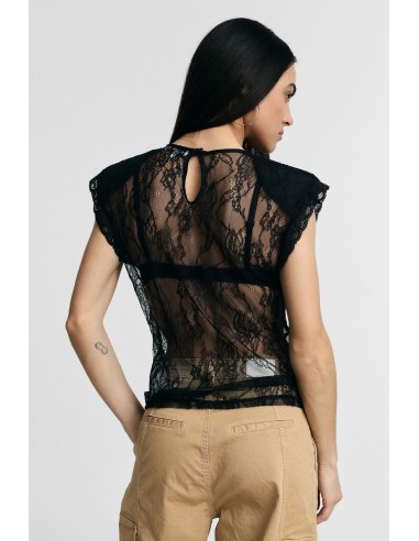 Top en dentelle transparente à manches courtes Please