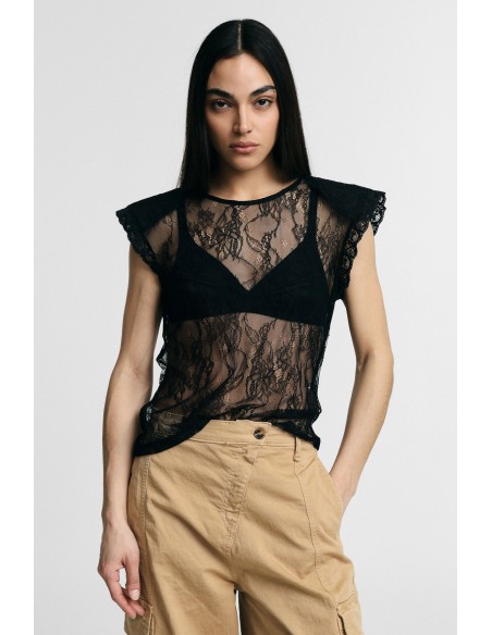 Top en dentelle transparente à manches courtes Please
