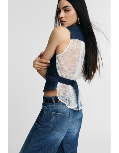 Mouwloos denim gilet met contrasterende rand aub