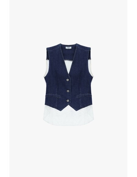 Mouwloos denim gilet met contrasterende rand aub