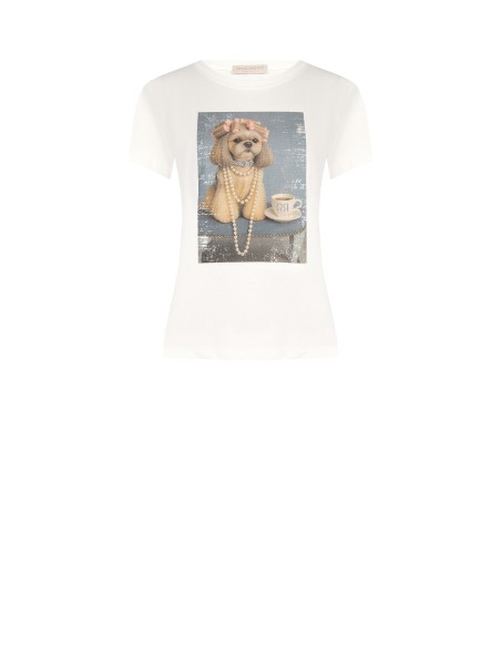 T-shirt regular en coton avec imprimé chien et strass Rinascimento
