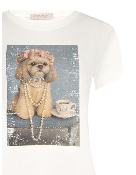 T-shirt regular en coton avec imprimé chien et strass Rinascimento