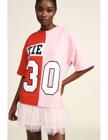 Korte jurk met tule en colorblockprint Dixie