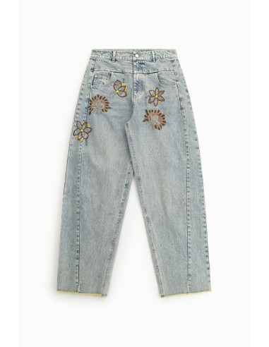 Jean wide leg à broderies florales taille haute Dixie