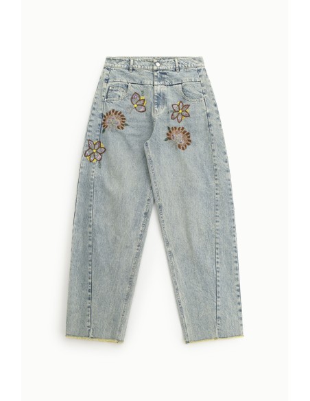 Jean wide leg à broderies florales taille haute Dixie