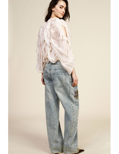 Wide-legjeans met bloemenborduursels en hoge taille Dixie