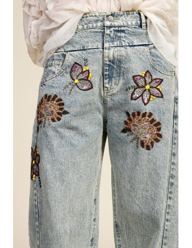 Jean wide leg à broderies florales taille haute Dixie