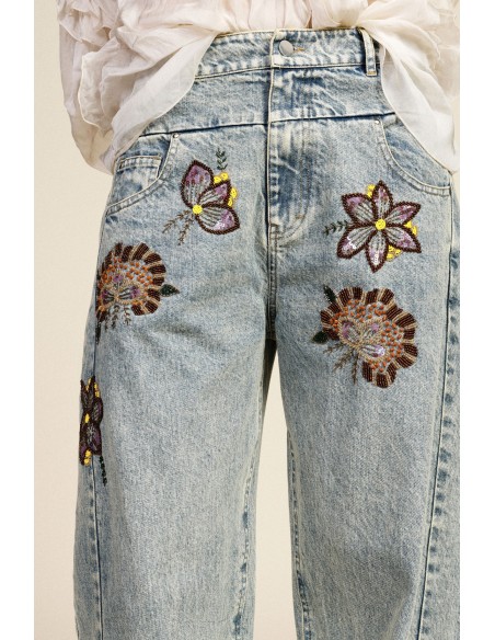 Jean wide leg à broderies florales taille haute Dixie