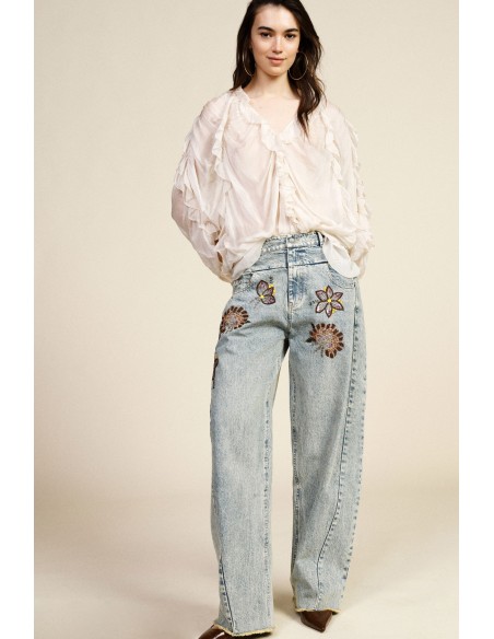 Wide-legjeans met bloemenborduursels en hoge taille Dixie