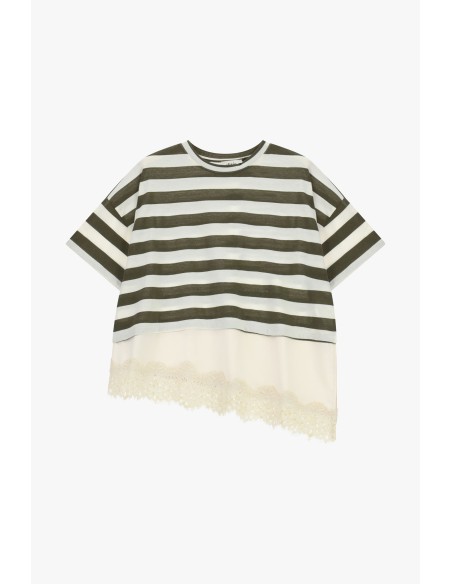 Dixie - T-shirt à rayures avec empiècement en dentelle asymétrique