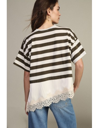Dixie - T-shirt à rayures avec empiècement en dentelle asymétrique