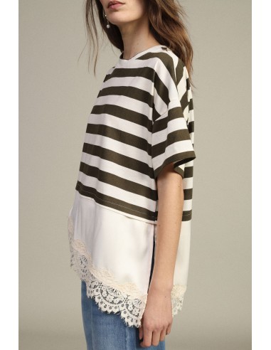 Dixie - T-shirt à rayures avec empiècement en dentelle asymétrique