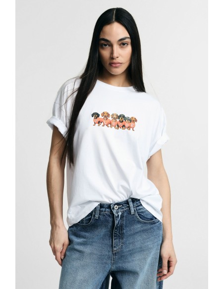 T-shirt met teckelprint, regular fit, ronde hals, alstublieft