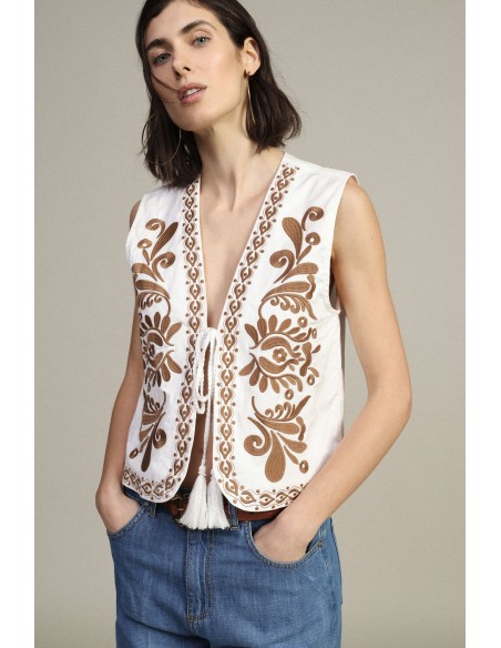 Gilet sans manches à broderie florale avec ceinture Dixie