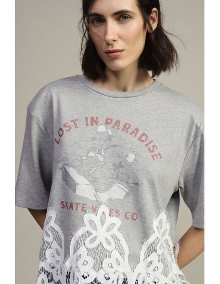 T-shirt à manches courtes avec imprimé et empiècement en dentelle Dixie