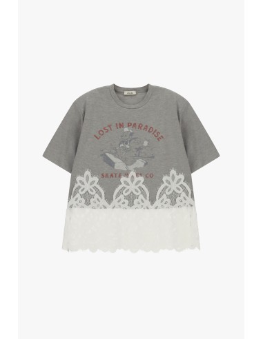 T-shirt à manches courtes avec imprimé et empiècement en dentelle Dixie