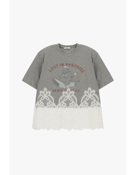 T-shirt à manches courtes avec imprimé et empiècement en dentelle Dixie
