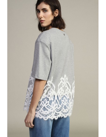 T-shirt à manches courtes avec imprimé et empiècement en dentelle Dixie