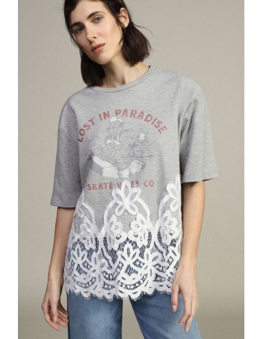 T-shirt à manches courtes avec imprimé et empiècement en dentelle Dixie