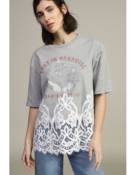T-shirt à manches courtes avec imprimé et empiècement en dentelle Dixie