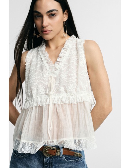 Top sans manches avec détails en dentelle et volant Please