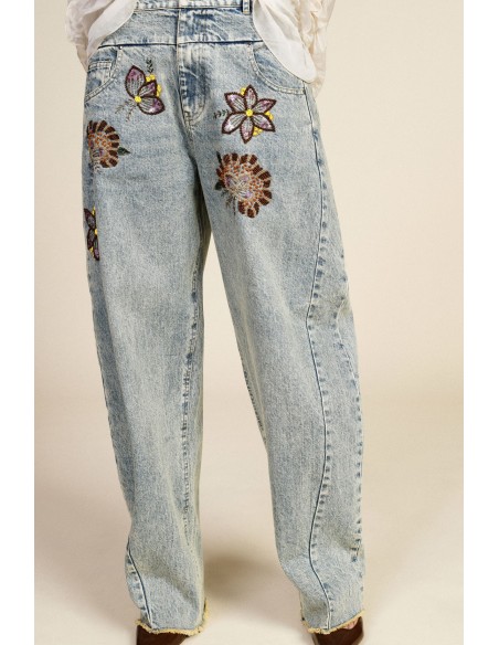 Jean wide leg à broderies florales taille haute Dixie