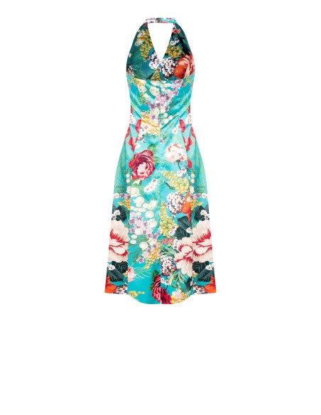 Robe midi en satin duchesse à fleurs avec dos ouvert et poches Rinascimento