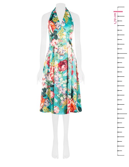 Robe midi en satin duchesse à fleurs avec dos ouvert et poches Rinascimento